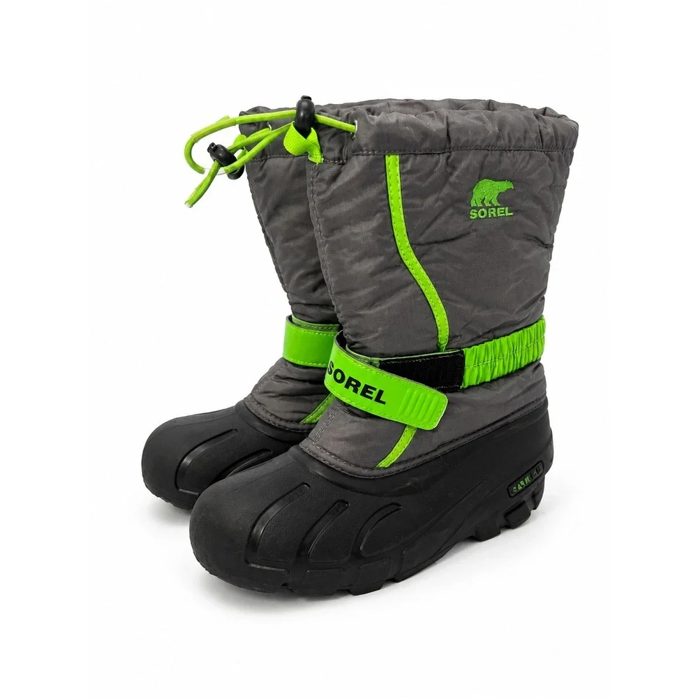 Sorel Kids Flurry Snow Boots Grey Green Waterproof Winter NY1885-052 Size 4